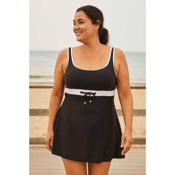 EcoSwim Size 12 Black White Swim Dress Built In Briefs One Piece Swimsuit - Picture 1 of 8